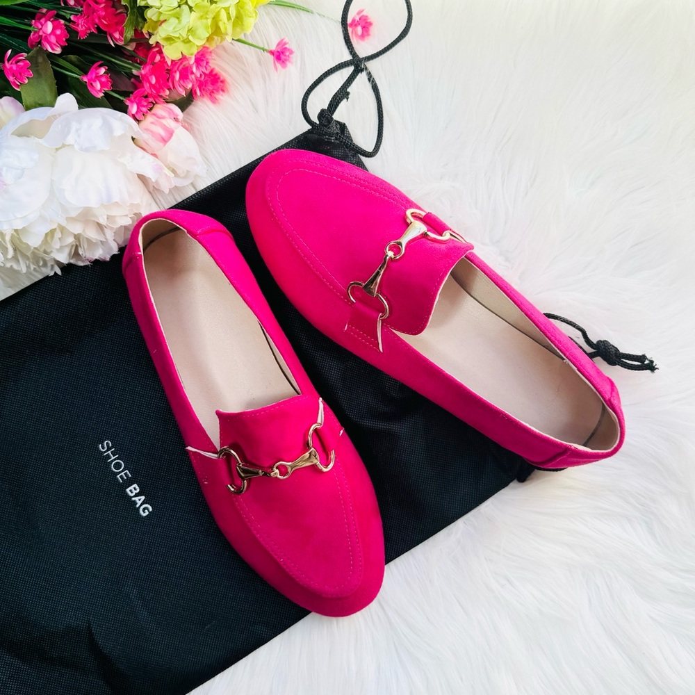 Fuchsia Suede Loafers with Gold Horsebit